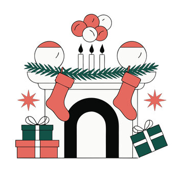 Minimalist flat vector illustration of a decorated Christmas fireplace with red stockings and gift boxes