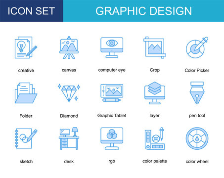 graphic design icon collection set. with creative,canvas,computer eye,Crop,Color Picker,Folder,Diamond