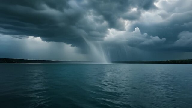 Stormy clouds over lake atitlan guatemala with dramatic rain