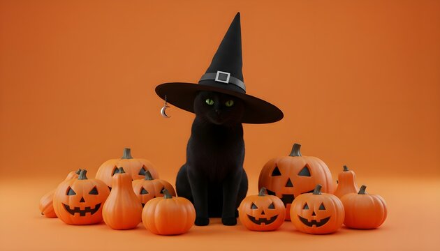 Black cat in witch hat with pumpkins on orange background