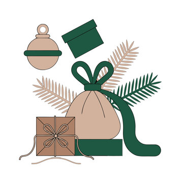 Elegant Christmas Gift Set Illustration with Festive Bauble Pine Branches and Wrapped Presents in Muted Tones