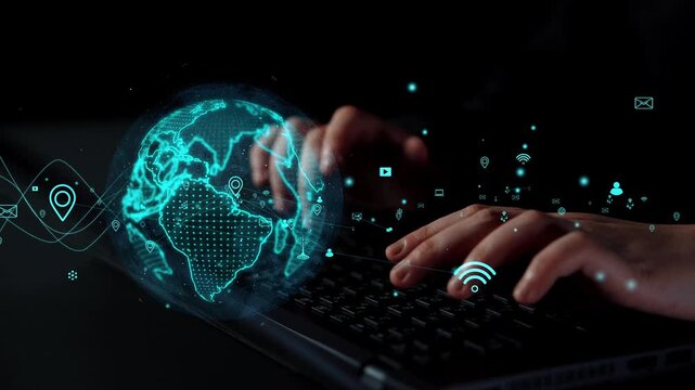 An abstract representation of hands typing on a keyboard, showcasing a digital world map and connectivity symbols to highlight modern technology and global communication themes. Xenic