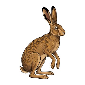 Hand-drawn illustration of a brown hare isolated on white