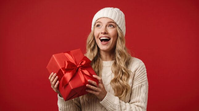 Joyful young woman with long hair excitedly opens a red gift against a vibrant red background