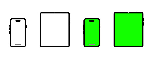 Modern Minimal Smartphone and Tablet Device Mockup Icon Set. High Resolution 2D Solid Green Screen Display Technology UI Vector Icons Collection. © SureshKumar
