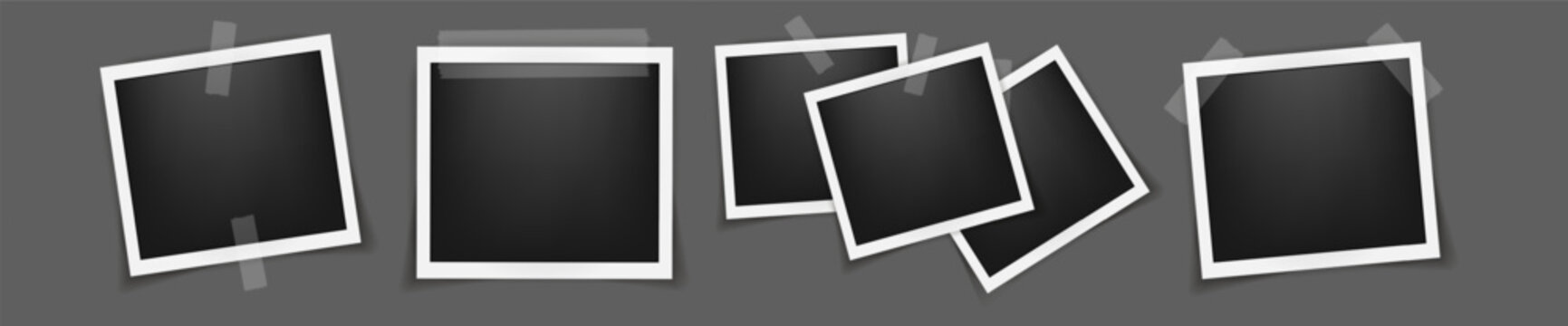 Realistic four empty square photo frame mockup isolated pack. Paper vintage instant photograph snapshot collage on sticky tape. Cardboard album picture tape with shadow. Photo template. Vector