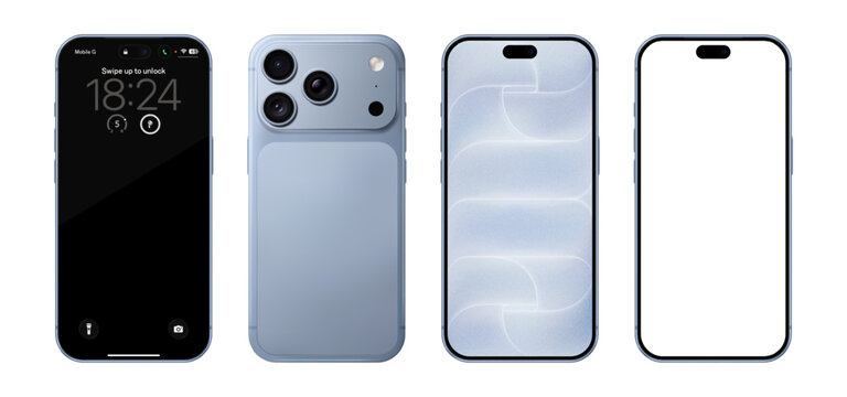 Detailed blue mobile phone mockup. Front and rear view isolated on transparent background. Vector PNG