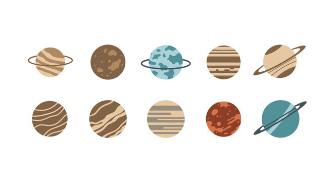 Collection of flat vector icons featuring various celestial planets with rings and textured surfaces isolated on a white background for space design