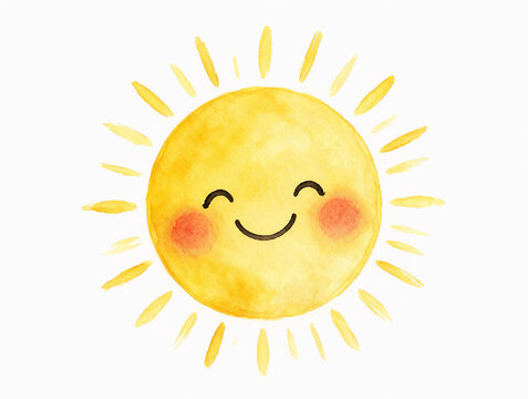 Watercolor realistic smiling sun with rosy cheeks and delicate brushstroke rays, subtle texture, high creativity, isolated on 100% white background without shadows
