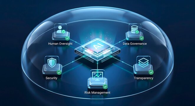 Glass dome protecting a chip with oversight security and risk pillars