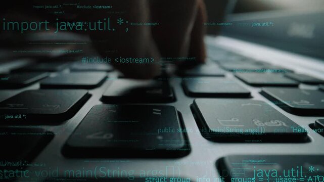 Close-up view of hands typing on a laptop keyboard with digital code overlay. Ideal for themes related to programming, technology, and modern development. Xenic