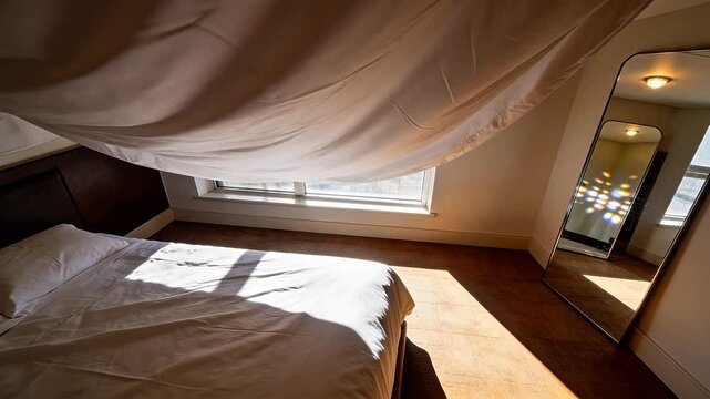 Bright bedroom with white bed and mosquito net near window