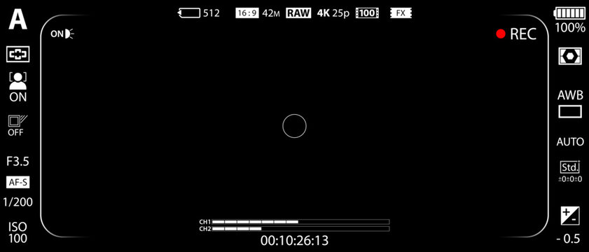 DSLR mirrorless camera rec overlay isolated on black bg. 21:9 recorder cam display. Video or photo recording screen. Viewfinder layout template. Vector illustration