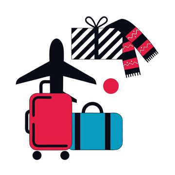 Winter holiday travel flat illustration with airplane silhouette suitcases gift box and warm scarf vector design concept in vek01