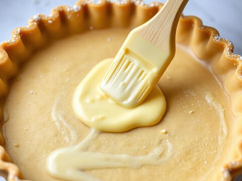 A pastry brush spreading butter on a pie crust, || brush, utensils
