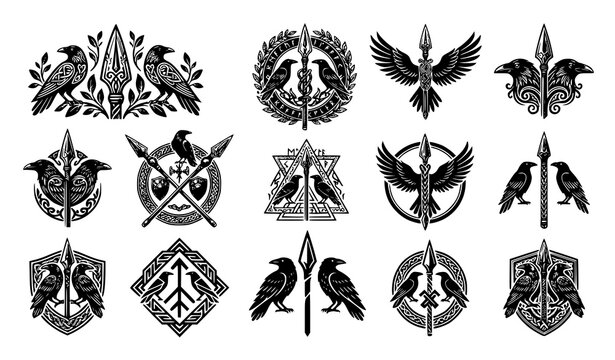 Norse Raven and Spear Emblem Set with Viking Shields and Ornate Tribal Geometric Patterns for Gaming Logos and Tattoos
