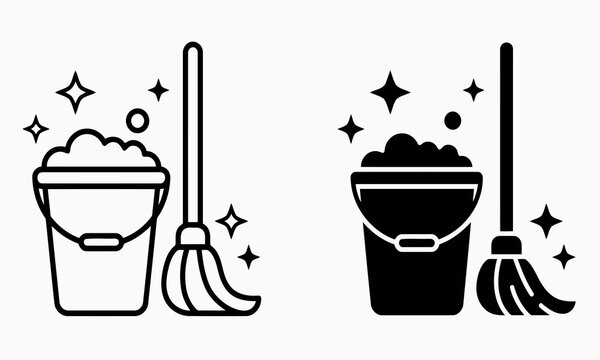 Cleaning mop and bucket icon set