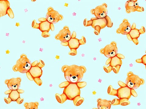Cute watercolor teddy bears playfully scattered across a bright blue background, cute, friendly