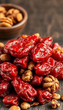 Dried Xinjiang red dates filled with crunchy walnuts and sweet dried fruits, Chinese, dessert