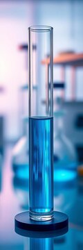 Glass tube with blue chemical liquid in laboratory setup, lab equipment, science lab