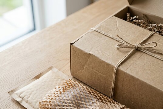 Brown Cardboard Box Packed With Eco-Friendly Materials For Shipping.