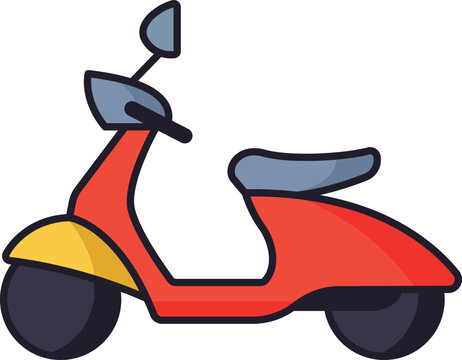 a red scooter with a blue-gray seat, yellow front fender, and dark wheels, shown from a side view on a light gray background
