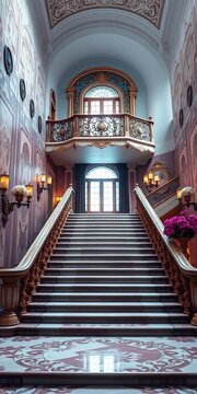 Majestic staircase leading up to ornate balcony, grand, majestic