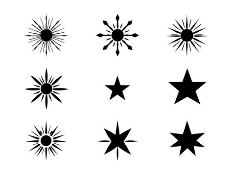 Set of eight black starburst and star icons isolated on white background, simple, white