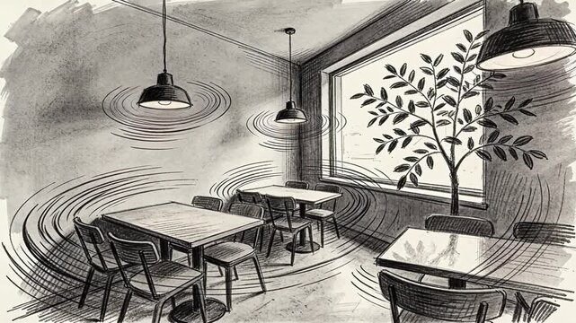 Black and white hand drawn sketch of cafe interior with tables