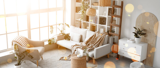 Home interior design and cozy living modern apartment with sunlight and plants for comfort wellness and lifestyle inspiration in a bright room © Pixel-Shot