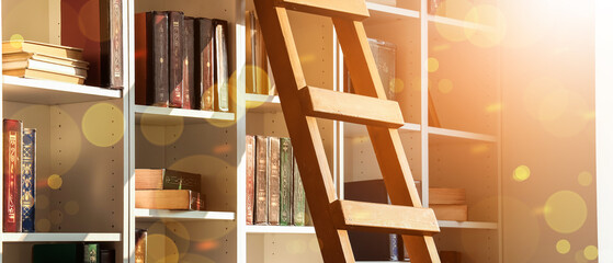 Knowledge and education concept, wooden library ladder leaning against white bookshelves filled with vintage books in a sunlit room with warm bokeh © Pixel-Shot