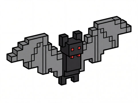 Isometric pixel art bat with wings spread on white background