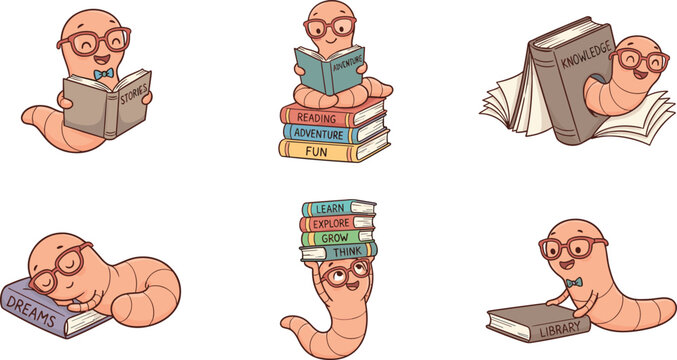 Cute Bookworm Cartoon Character Vector Set Featuring Pink Worm with Glasses Reading Sleeping and Balancing Stacks of Books for Literacy and Education Designs