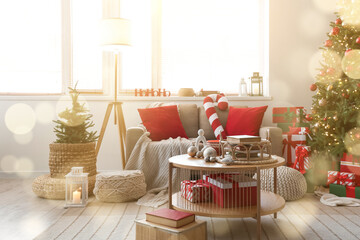 Obraz premium Christmas home interior holiday season comfort and festive living room decor with decorated tree gifts and cozy atmosphere for winter celebration