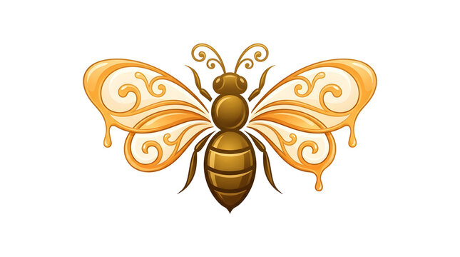 Elegant golden honey bee vector illustration with ornamental liquid honey wings. Organic apiculture, premium sweet food and cosmetic logo concept isolated on white background