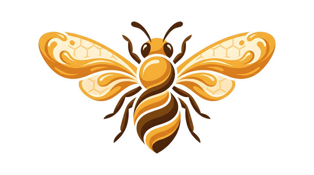Glossy golden honey bee vector illustration. Elegant stylized bee with liquid honey wings and honeycomb texture for premium organic apiculture, sweet food, or cosmetic logo concept