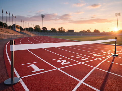 Finish line tape on track at sunset with numbered lane marking and empty stadium, creating competitive athletic scene