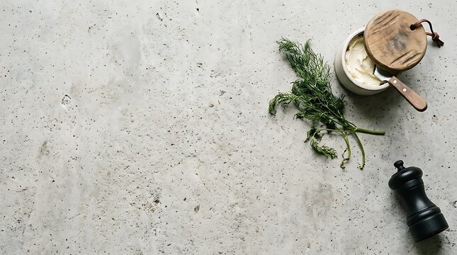 Dill and butter bowl photo on stone background with copy space