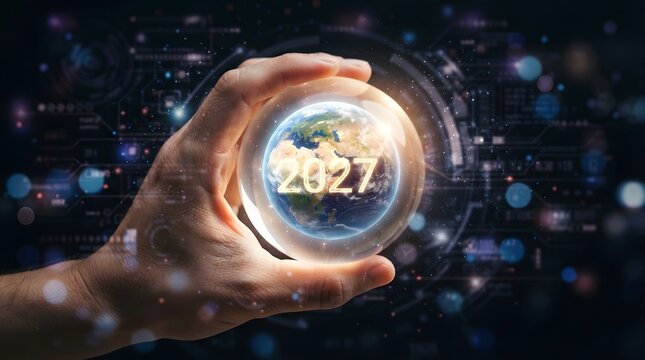 Hand holding a crystal ball displaying the year 2027 with blurred city lights