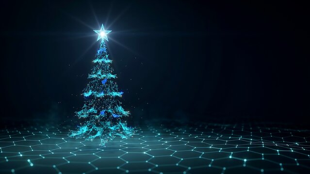 Digital christmas tree made of blue glowing network nodes and lines on a hexagonal grid surface