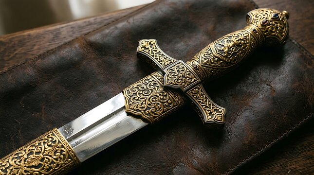 Ornate dagger with golden filigree handle resting on dark leather surface