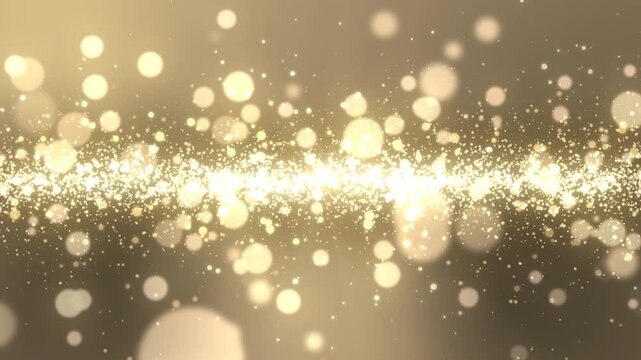 ゴールド背景の中央を横切る控えめな光粒子と幻想的な玉ボケの帯のシームレスループ動画素材 / Subtle gold light particles and soft bokeh stream seamless loop background on gold gradient