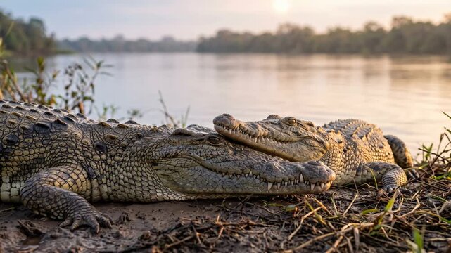 two orinoco crocodiles close up in orinoco river venezuela at morning light video