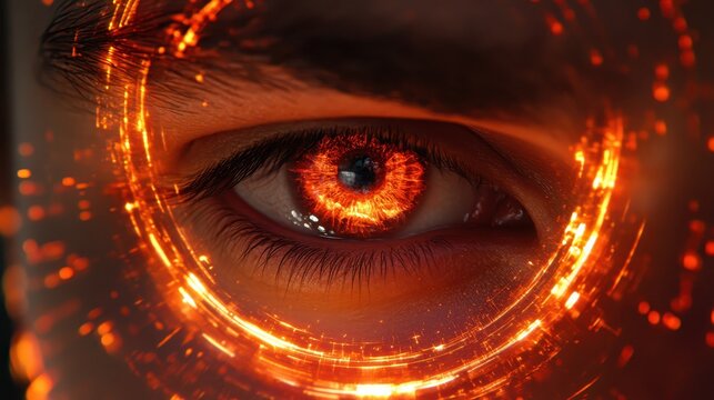 Extreme close-up of an eye with a glowing orange iris surrounded by circular digital graphics, representing biometric scanning, vision technology, cybersecurity, identity, and future interfaces.