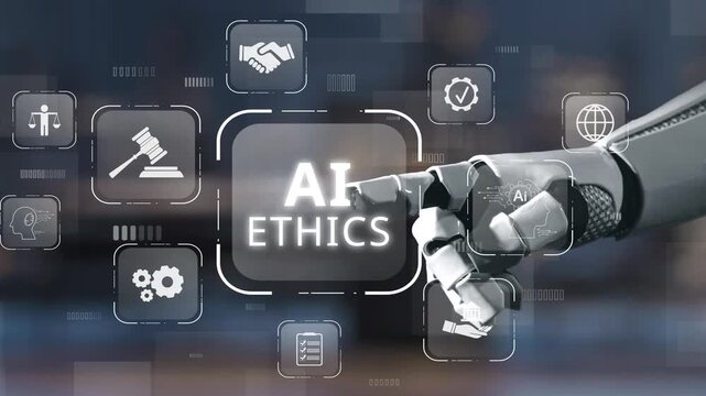 A digital representation of a robotic hand interacting with the concept of AI ethics, showcasing various icons related to law, partnership, and technological growth in a modern setting. Salient
