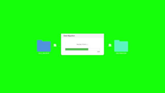 Digital Data Copying Process with Folder Icons and Progress Bar on Chroma Key Green Screen.