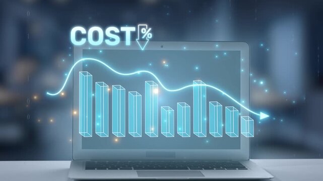 A modern laptop showcases a digital graph illustrating the decrease in costs with blue bars and percentage indicators, representing financial trends and analysis in a professional setting. Salient