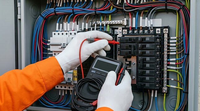 Electrician using multimeter to test electrical panel circuits photo