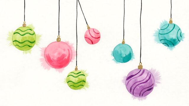 Watercolor painting of various colorful christmas baubles hanging on strings isolated on a white background