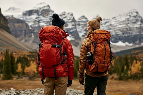 Two hikers with heavy backpacks standing in a mountain landscape with snowy peaks